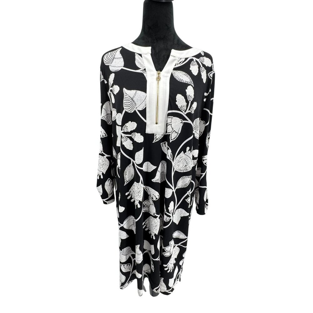 Anne Klein Midi Shift Dress Womens L Black Floral Textured 2 Tone Stretch A Line - Picture 3 of 8